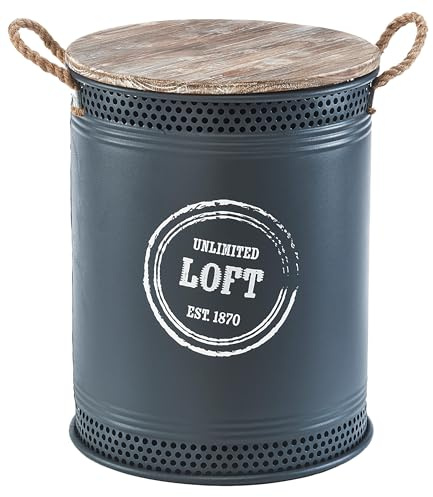 Kobolo Wäschebehälter LOFT Gr. L | Ø 40 cm H: 52 cm | anthrazit | Aufbewahrungstonne aus Metall mit Holzdeckel & Luftlöchern | moderner Wäschesammler im Vintage-Look für Bad, Flur oder Schlafzimmer