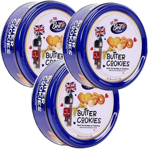 Luxury Danish Butter Cookies Assortment 140g, Christmas Biscuits Tin Gift Set – Brit Treat, Delight Gift | Festive Holiday Treats, Mothers & Father Days Gift, Biscuits Gift (3 TINS)