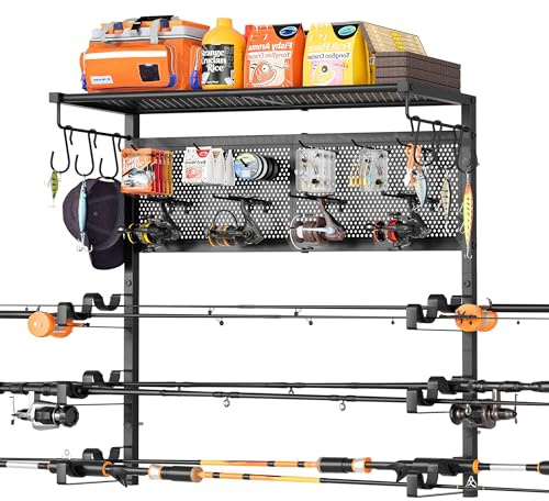 Bikoney Angelrutenhalter Wandmontage für 6 Ruten, Horizontaler Rutenhalter Garage Ordnungssystem mit Pegboard und Haken, Platzsparende Angelrute Aufbewahrung, Geschenk für Angler Herren Väter