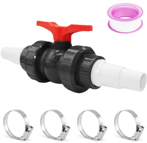 Kugelhahn mit Schlauchverbinder, PVC Kugelhahn 50mm Absperrventil Poolventil Ventil für Schläuche Inkl 1 Absperrventil Innengewinde 1 1/2(50mm) &2 Schlauchtüllen 32/38mm, für Pool,Teichbau,Aquaristik