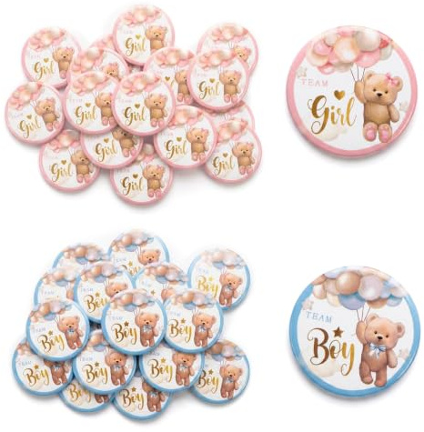 Badges Révélateurs de Sexe, 32 Pièces, Bleu et Rose, Team Boy et Team Girl | Badges ronds en métal, 4,4 cm, pour baby shower et fête de genre. 16 Team Boy bleus et 16 Team Girl roses