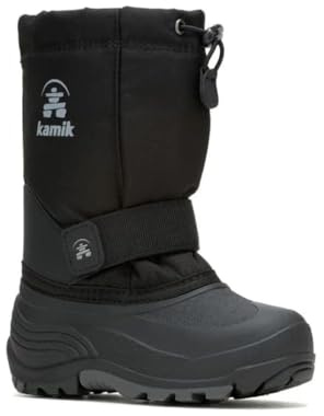Kamik Rocket Insulated Snow Boots - Waterproof Upper & Kids Waterproof Shoes - Easy-Grab Lace Lock Snow Boots for Kids - Removable Insulated Liner - Hook & Loop Mid-Foot Strap - Black - 4 Big Kid