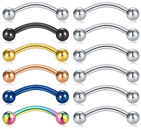 Briana Williams 12 Pezzi Barra sopracciglio Naso Labbra Tragus Helix Daith Rook penetranti 8mm in Acciaio Inossidabile 16G con bilanciere Curvo a Forma di Banana