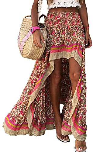 BTFBM Women 2026 Spring Summer Long Skirts Dress Boho Floral Elastic Waist Split Ruffle High Low Beach Maxi Skirt Clothes(X-Red, Small)