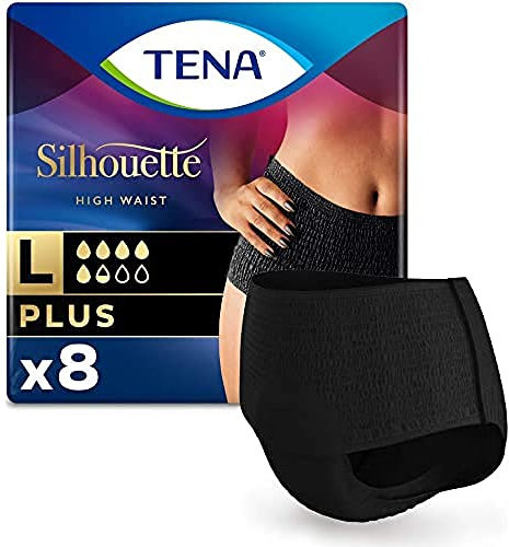 TENA Silhouette Plus Noir x8 - Ropa Interior para Incontinencia y Pérdidas de Orina Abundante - Diseño Cómodo y Transpirable - 8 Braguitas Desechables - Negro - Talla Grande