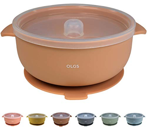 Olgs Silikon Schüssel mit Deckel & Saugnapf für Baby und Kinder | Breischale rutschfest| Kindergeschirr Silikonschüssel für Junge/Mädchen | BPA-frei, Spülmaschinenfest, leicht zu reinigen (Apricot)
