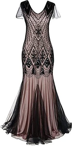 IBTOM CASTLE Flapper Dresses anni '20 Gatsby,Abito da donna vintage con scollo a V con paillettes e orlo a sirena, per feste formali, maxi abito da ballo per Halloween, costume nero + rosa S