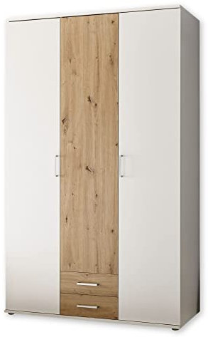 Stella Trading MARBURG Kleiderschrank in Weiß, Artisan Eiche Optik - Vielseitiger Drehtürenschrank 3-türig für Ihr Schlafzimmer - 120 x 196 x 54 cm (B/H/T)