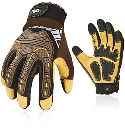 Vgo... Gants de mécanicien lourds anti-vibrations/impacts(SL8849,L) | Marron,cuir synthétique,haute dextérité,écran tactile,construction,industriel,mécanicien,automobile,gréeur,entrepôt