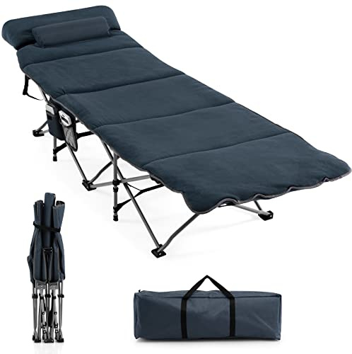 LIFEZEAL Vikbar campingsäng med bärväska, bärbar utomhussäng med avtagbar madrass och kudde, Beachsäng Max 150 kg, 191 x 68 cm (blå)