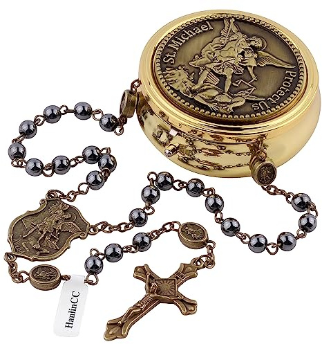 HanlinCC Hematite Black Stone Beads Saint Michael the Archangel Catholic Rosary Necklace with Gold Plated Metal Gift Box for Men Women