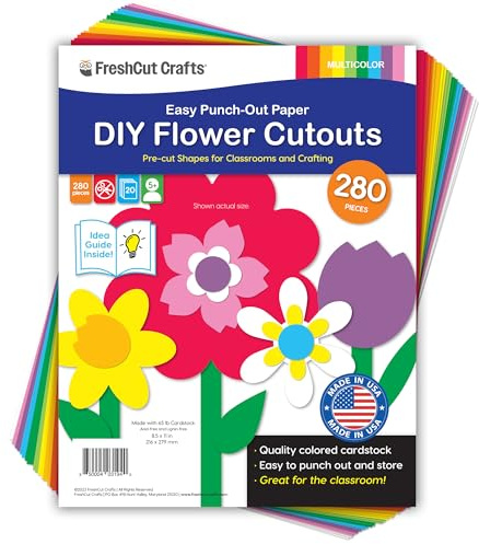 FreshCut Crafts | 280 Stück DIY-Blumenausschnitte mit Ideen-Anleitung, 2-seitig, in den USA hergestellter Karton, Stanzen von Tulpen, Gänseblümchen, Narzissen, Blumen für Pinnwände,