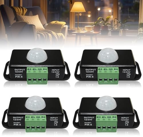 4 unidades de detector de movimiento LED, CC 12 V 24 V, negro, sensor de movimiento por infrarrojos, sensor PIR, interruptor automático, inalámbrico, para tiras LED