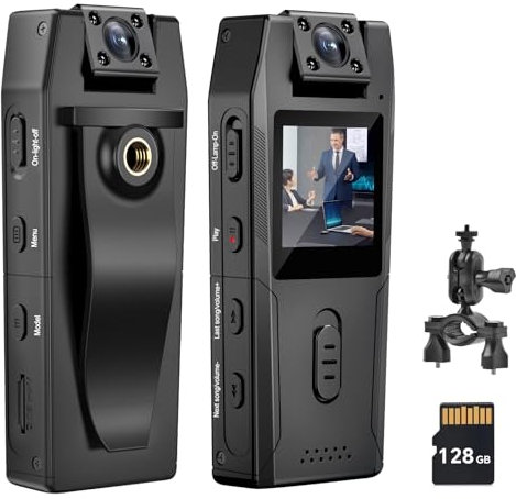 Hersance Bodycam Caméra corporelle avec Enregistrement Audio et vidéo, Grand Angle 1080P avec Clip arrière, Objectif 180°, détection de Mouvement de Vision Nocturne pour Un Enregistrement Quotidien/