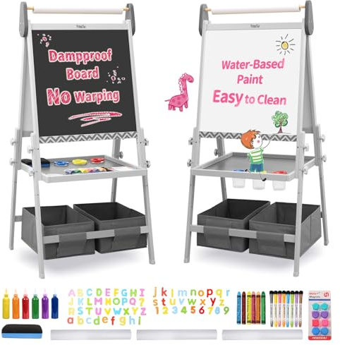 FUNLIO Staffelei Kinder von 3-8 Jahren, Anti-Warp-Tafel und löschbarer Rahmen, Kindertafel mit Kreide und Magnet/Whiteboard, 3-fach höhenverstellbar, All-in-One Staffelei mit Papierrolle, Grau
