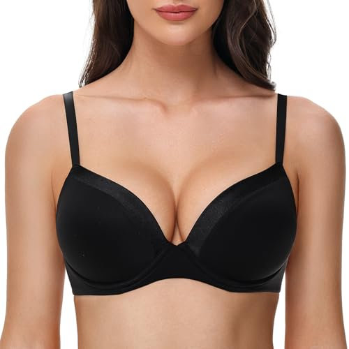 Deyllo Women's Push Up T Shirt Bras Deep V Add One Cup Full Coverage Lightly Padded Bra Seamless Underwire(Black,34C)