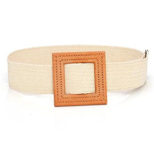 AMENGJ Flechtgürtel Damen Braided Waist Belt Female Belt Round Square Leopard Wooden Buckle Fake Straw Wide Belts(Yellow)