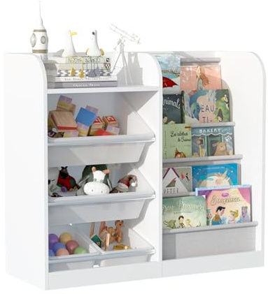 Kinderregal Holz mit 4 Aufbewahrungsbox, 5 Fächer, 90x34x80cm, Weiß | Bücherregal für Kinder, Spielzeugtruhe für Kinderzimmer