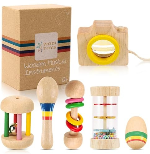 6 stycken babyskallra set av trä skallra baby träleksaker babymusikinstrument behaglig musik, lämplig för spädbarn i åldern 3–6–12–36 månader, perfekt present pojke/flicka