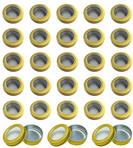LJY 28 Gold Aluminum Tins, 1 oz/30 mL, Window Lids for Cosmetics