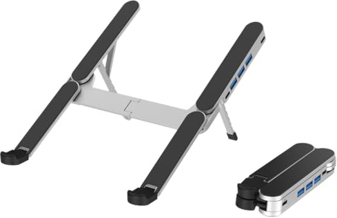 Ultra Compact Laptop Stand with 4-Port USB Hub Docking Station, Foldable Portable & 6-Level Ergonomic Adjustable Aluminum Holder Riser, for Travel/Home/Office/Cafe, Fits 10-16 MacBook/Laptops