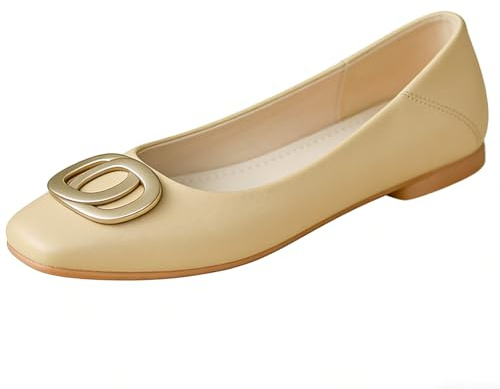 Balettskor för kvinnor fyrkantig tå äkta läder slip-on grund vamp, dubbel ring, metallspänne, bred passform, låg klack, kontor, pendlare, dagliga vardagsskor, Khaki, 37.5 EU