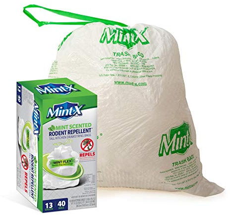 Mint-X MintFlex Rodent Repellent Trash Bags, Tall Kitchen Drawstring Bags, 1 FT 11 ¾ Inches X 2 FT 1 Inch, 0.90 MIL, 13 Gallon, 40 Count