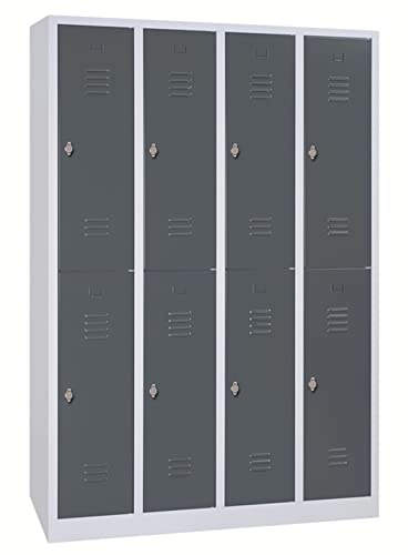 Schrank & Stuhl Spind – Metallspind mit 4 x 2 Abteilen in 195 x 117 x 50 cm, Schließfachschrank mit Drehriegelverschlüssen, Lieferung komplett montiert, Grau/Anthrazit