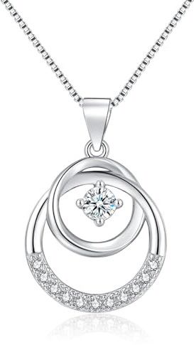 Cangall Halskette Damen Silber, 925 Sterling Silber Kette Halsschmuck mit Cubic Zirkonia, 45 + 5cm Silberkette mit Doppelt Kreis Anhänger, Liebesgeschenk für Frau zum Geburtstag Muttertag Jahrestag
