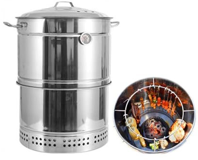 Baril pour Gril D'extérieur Gril À Charbon Gril en Acier Inoxydable Design Fendu Suspension pour Barbecue Sans Fumée Facile À Nettoyer Conçu avec Un Thermomètre Gril À Charbon Stockage Pratique53x60x4