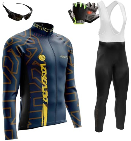 VOXCAUTQ Cykeltröja för män set 9D gel vadderad vägcykel cykel tröja + haklapp byxor med MTB cykelkläder kit snabbtorkande, 7, XL