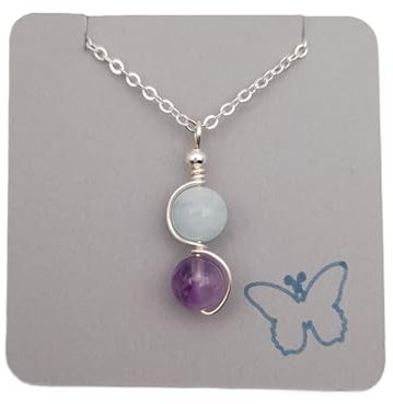 Pisces Star Sign Pendant with Amethyst and Aquamarine Gemstone Crystals, Silver Zodiac Necklace, Astrology Jewellery, February/March Birthday Gift