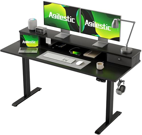 Agilestic Height Adjustable Desk with Two Drawers, 140 x 60 cm Electric Computer Desks with Memory Function, Sit Stand Desk, Black
