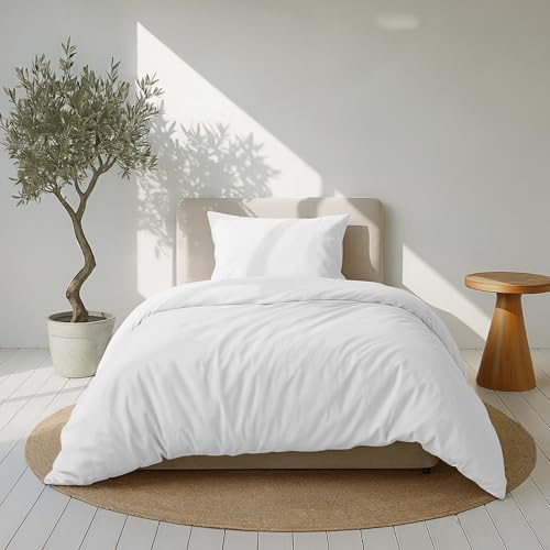 Dreamzie Funda Nordica Algodon Satinado 155x220 cm - Blanco - Ropa de Cama, Funda Edredon 155x220 cm y 1 Funda Almohada 80x80 cm - Algodón Satinado - 2 Piezas