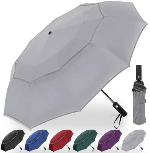 Satol Ombrello da Golf | Doppio Tetto & Ventilazione | Antitempesta & Apertura Automatica 62 Pollici | 10 Spine in Metallo per Massima Stabilità | Con Strisce Riflettenti (Grigio)