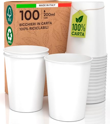 100 Bicchieri Bianchi in Carta Usa e Getta per Bevande Fredde e Calde 200ml | Made in Italy di Colore Bianco Biodegradabili Compostabili Ecologici Eco Friendly - 100% Carta