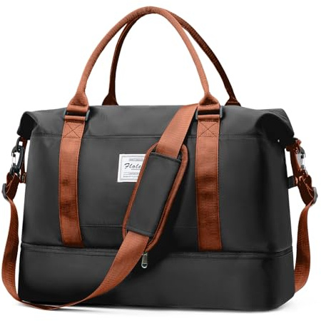 HPLQQ Weekenderväska Dam Sportväska 45x36x20 Easyjet Handbagageväska Sjukhusväska Reseväska Badväska Träningsväska med Skofack för Flygresor, A07-Svartbrun