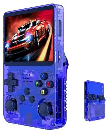 R36S Console de jeu vidéo rétro portable, écran IPS de 3,5 pouces, lecteur vidéo 64 g, carte TF, plus de 10 000 jeux, avec système Linux Open Source (bleu foncé)