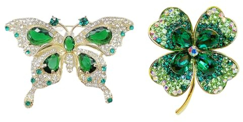 2Pcs Grüne Brosche Pins Vier Blatt Klee Grüne Brosche Nette Strass Schmetterling Brosche Glückliche Modische Abzeichen Glänzende Legierung Vielseitige Pin Zubehör für Damen Mädchen Party Geschenke