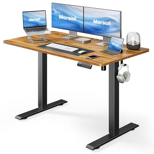 Marsail Stehpult, höhenverstellbar, für Heimbüro, elektrisch, mit 4 Speichervoreinstellungen, Kopfhörerhaken, Kabel-Organizer, 122 x 61 cm, rustikales Braun