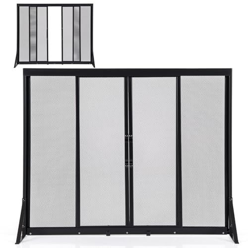 LIFEZEAL Funkenschutz für Holzkamin, Funkenschutzgitter mit Schiebetüren & Griff, Spritzschutz für Kaminofen, 4-teiliger Kaminschutzgitter mit Metallschirm, Dekoratives Netz, schwarz (96 x 33 x 79 cm)
