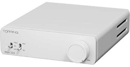 Topping Mini300 Amplificador HiFi Estéreo de Alta Potencia, Clase D Balanceado, 140W×2 @4Ω, 124dB SNR, Auto Power Sync, TRS Balanceadas y RCA, Amplificador de Escritorio para Altavoces Pasivos, Plata