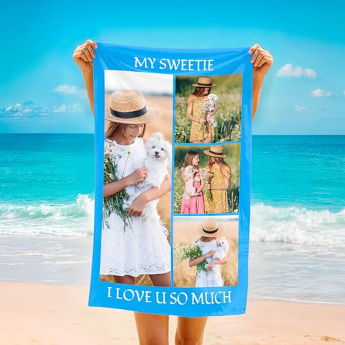 CUSMMIST Strandtuch Personalisiert Foto,Strandtücher selber gestalten mit Foto Bedrucken,Mikrofaser Strandtuch Badetuch,Handtücher mit Bild und Text,Geschenke für Kinder,Sommer,Schwimmbad-4Fotos