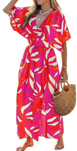 CUPSHE Robe Longue Femme Été Bohème Chic Ethnique Imprimé Floral Col V Manches Kimono Fente Latérale Taille Haute Maxi Fluide pour Plage Vacances