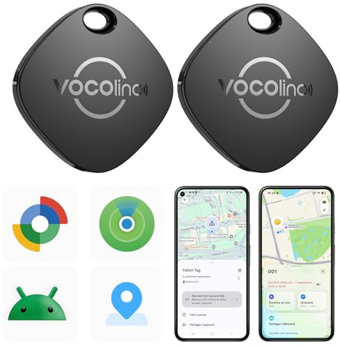 VOCOlinc Android Smart Tag 2er Pack, Key Finder Tracker Kompatibel mit Apple Wo Ist & Google Mein Gerät Finden APP, Schlüsselfinder für Geldbeutel/Gepäck/Taschen/Koffer, IP67 Wiederaufladbar, Schwarz