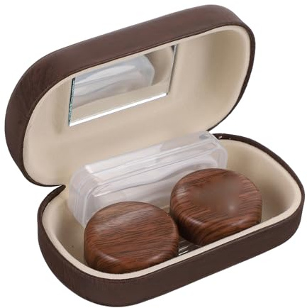 COOLHIYA Vintage Leather Leakproof Contact Lens Case Large Diameter Dual Compartment Eye Storage Box Dark Brown Compact for Outdoor Activities