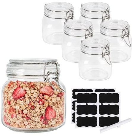 Relaxdays konserveringsglas, 6-pack, 750 ml, genomskinliga | lufttätt lock med klämma, konservering, förvaring