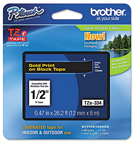 Brother Original P-touch TZE-334 Klebeband, 1,2 cm breit, Standard laminiertes Klebeband, schwarz auf gold, laminiert für den Innen- und Außenbereich, wasserfest, 12 mm x 8 m, Einzelpack, TZE334