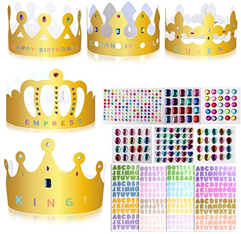 Weysoo Papier Krone Partyhüte, mit Selbstklebende Strasssticker ＆ Alphanumerische Aufkleber, DIY Party Kronenhut Set für Prinzessin Königin Prinz Geburtstagsparty