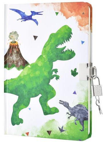 Aquarell Dinosaurier Tagebuch für Jungen - Leuchtendes Notizbuch Geschenk für Kinder Reisen Private Journale Schule Hefte A5 Liniert Memos Schreiben Zeichnen Notizblock mit Schloss und Schlüsseln